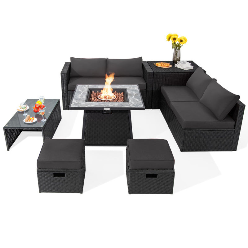 9 Pieces Outdoor Wicker Sectional with 35 Inch Gas Fire Pit Table