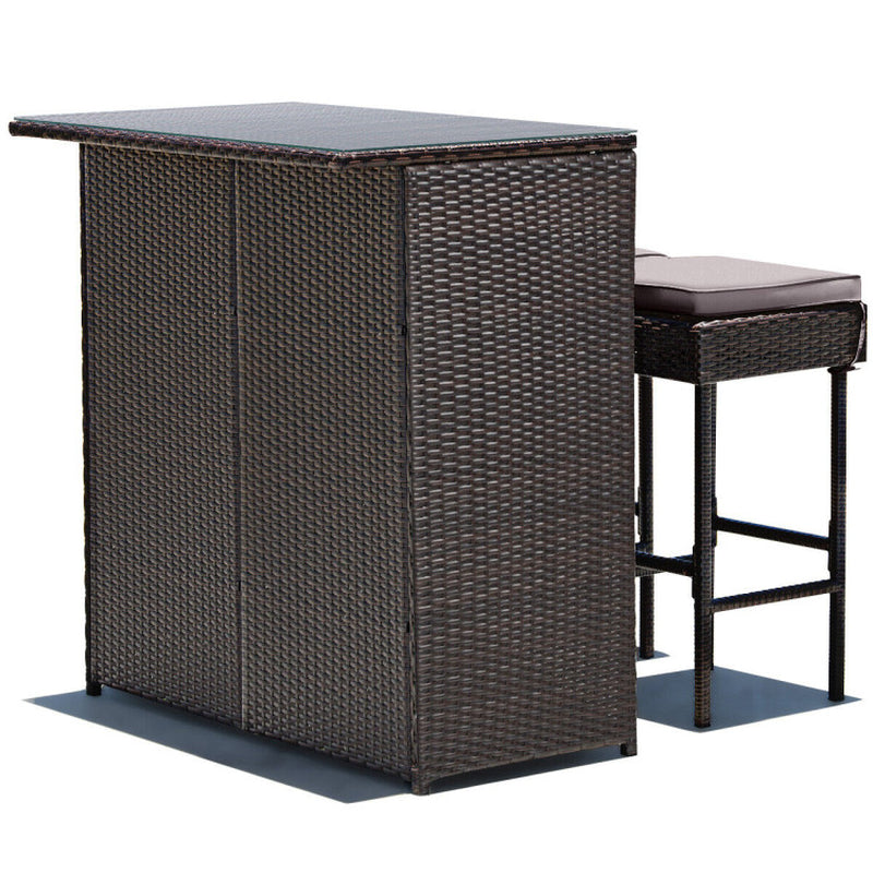 3 Pieces Outdoor Rattan Wicker Bar Set with 2 Cushions Stools