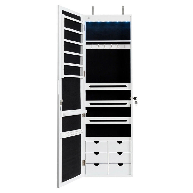 Lockable Wall Mounted Mirror Jewelry Armoire with 5 Leds and 6 Drawers