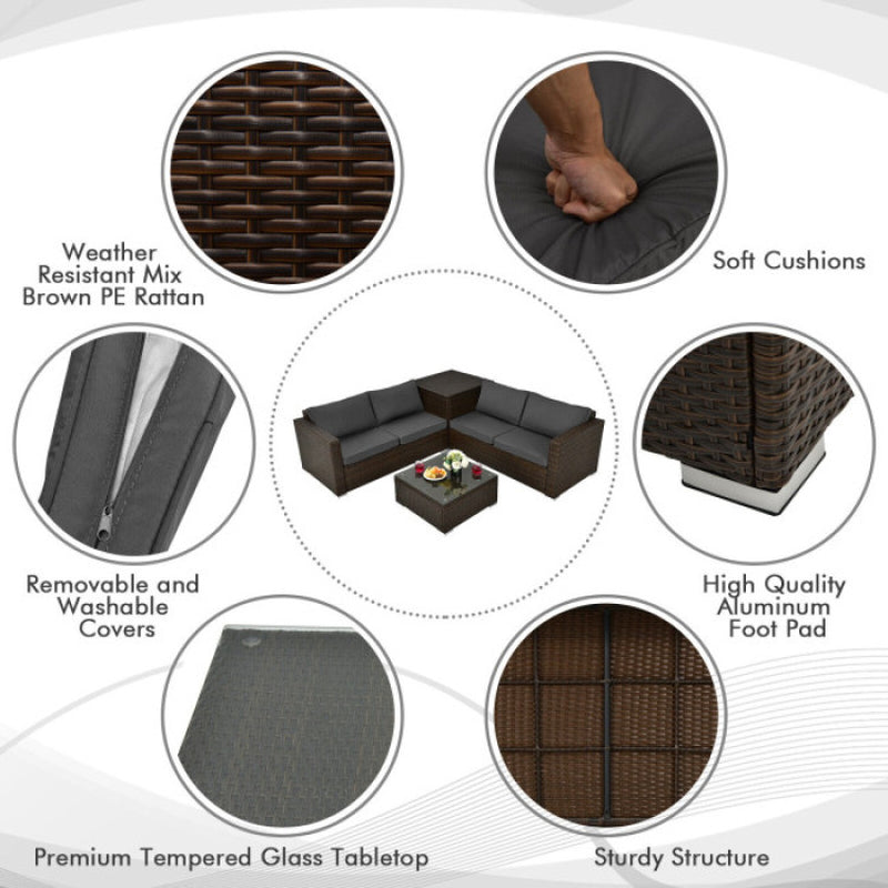 4 Pieces Patio Rattan Cushioned Furniture Set with Armrest and Storage Box