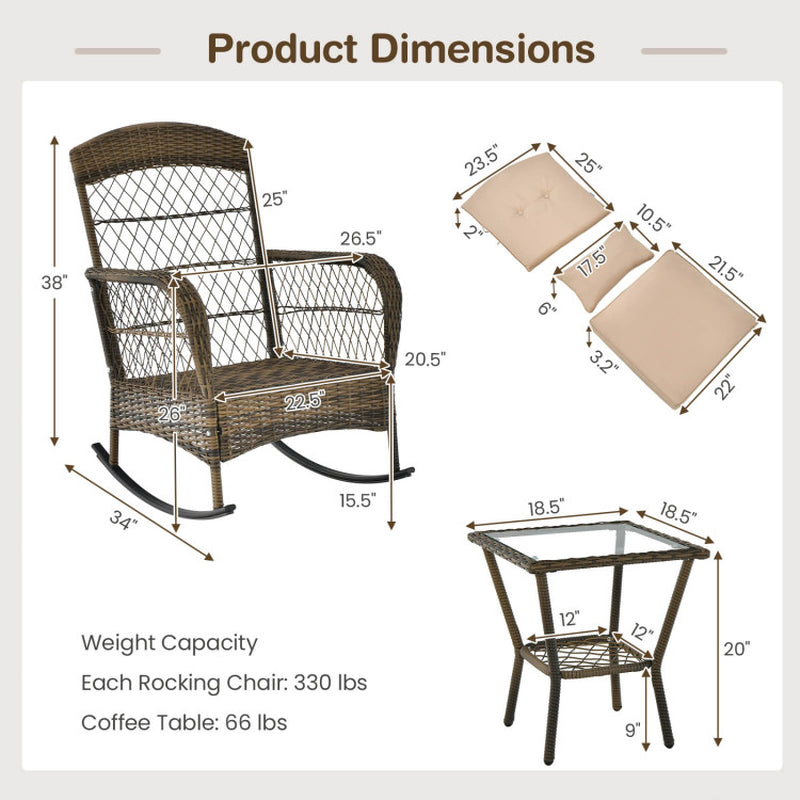 3 Pieces Outdoor Hand-Woven PE Rattan Conversation Set with Tempered Glass Side Table