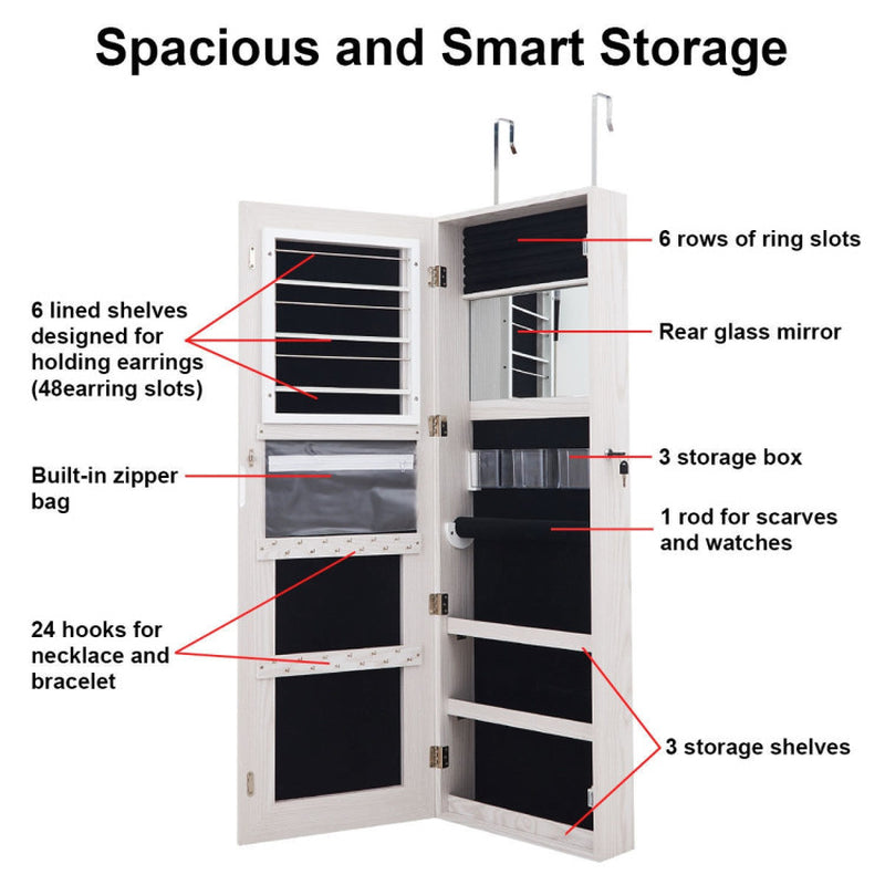 Mirrored Jewelry Armoire with Full Length Mirror and 2 Internal LED Lights