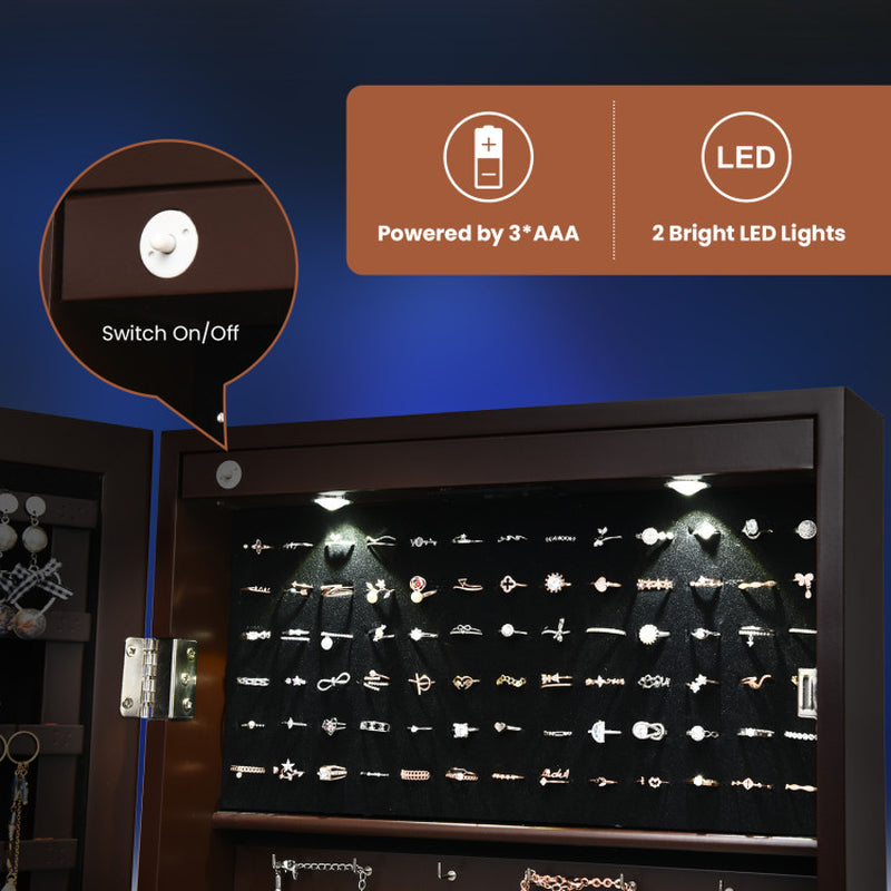 Lockable Wall Mount Mirrored Jewelry Cabinet with LED Lights