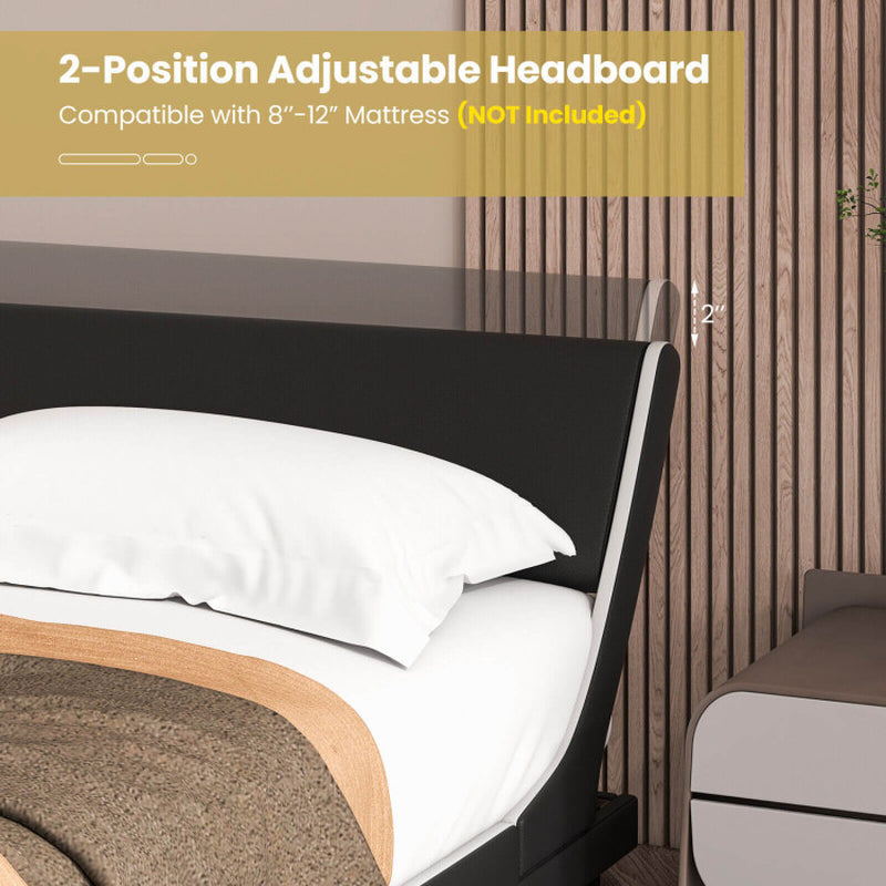 Upholstered Platform Bed Frame Low Profile Faux Leather with Curved Headboard