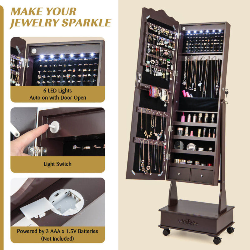 Rolling Floor Standing Mirrored Jewelry Armoire with Lock and Drawers