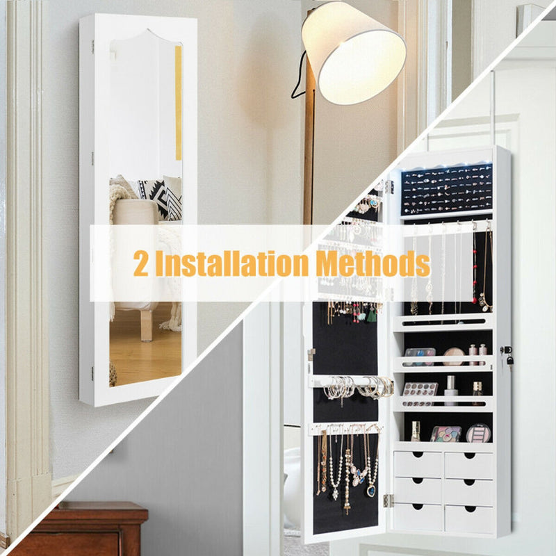 Lockable Wall Mounted Mirror Jewelry Armoire with 5 Leds and 6 Drawers