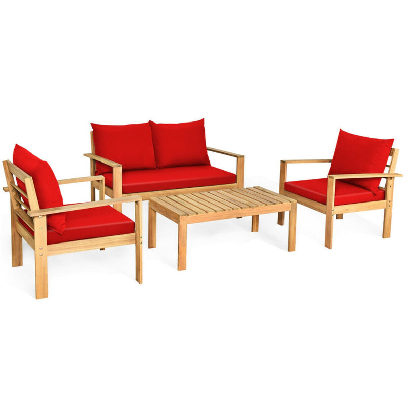 Outdoor 4 Pieces Acacia Wood Chat Set with Water Resistant Cushions