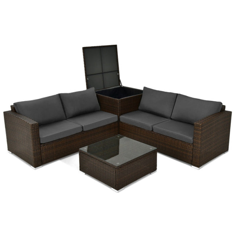 4 Pieces Patio Rattan Cushioned Furniture Set with Armrest and Storage Box