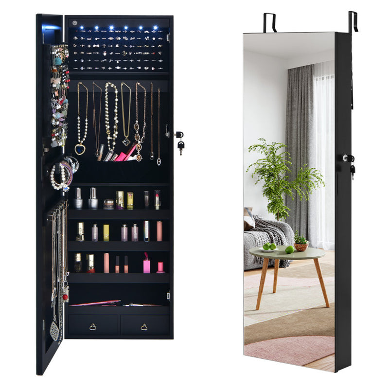 Wall Mounted Full Screen Mirror Jewelry Cabinet Armoire with 6 Leds
