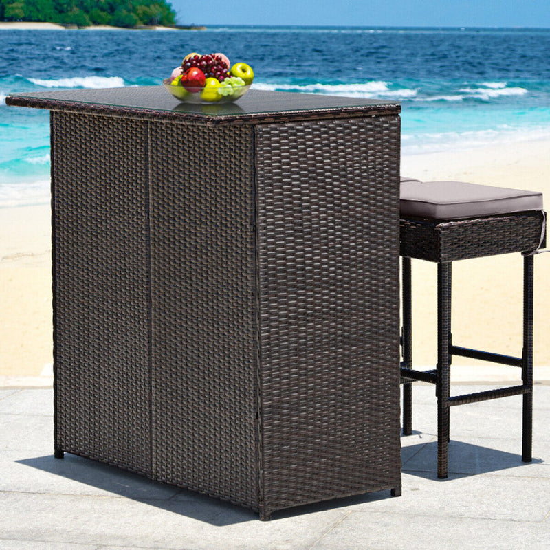 3 Pieces Outdoor Rattan Wicker Bar Set with 2 Cushions Stools