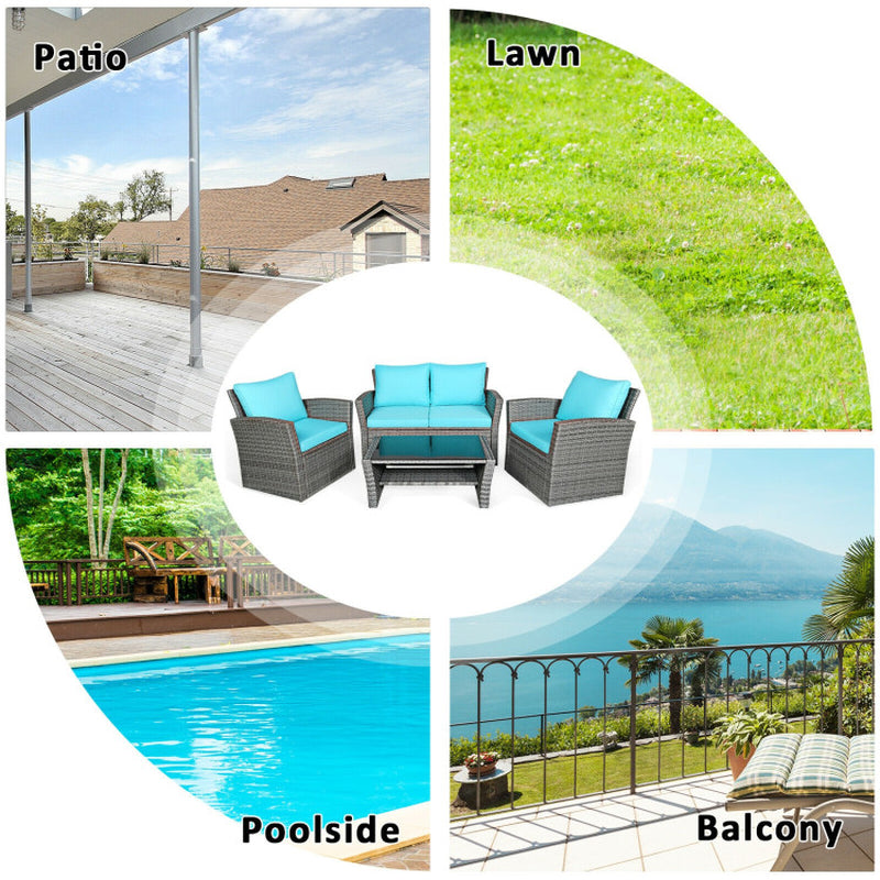 4 Pieces Patio Rattan Furniture Set Sofa Table with Storage Shelf Cushion