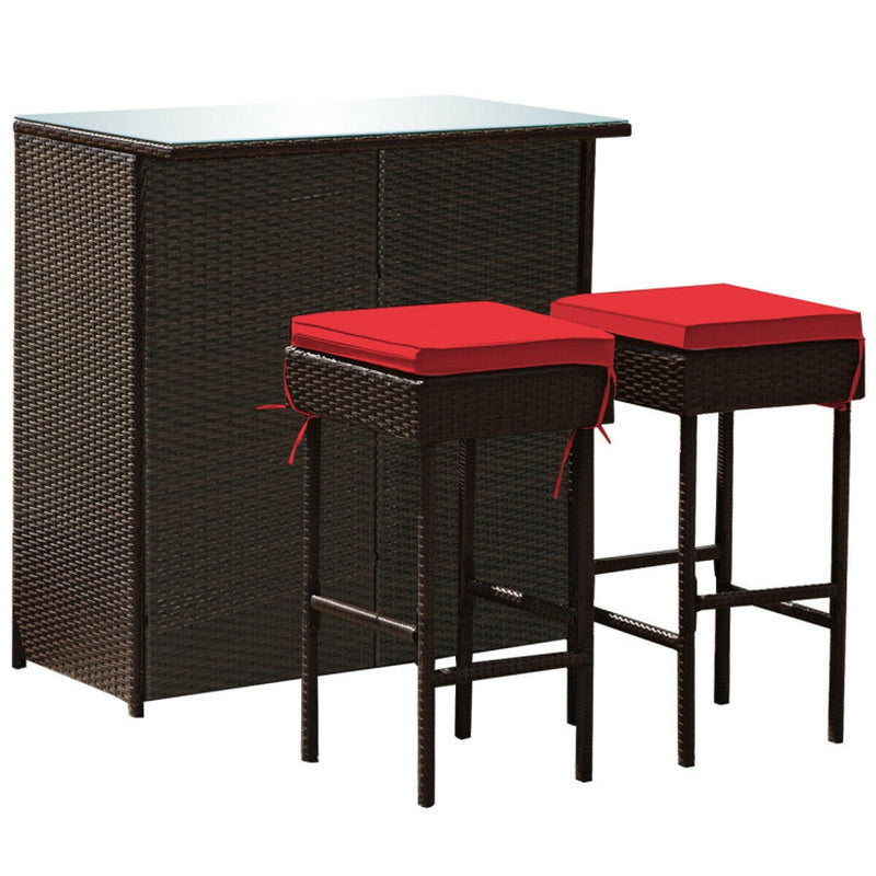 3 Pieces Outdoor Rattan Wicker Bar Set with 2 Cushions Stools