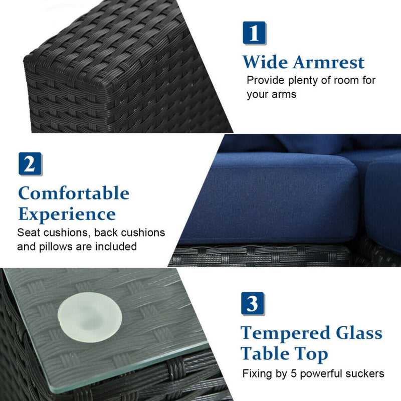 7 Pieces Sectional Wicker Furniture Sofa Set with Tempered Glass Top
