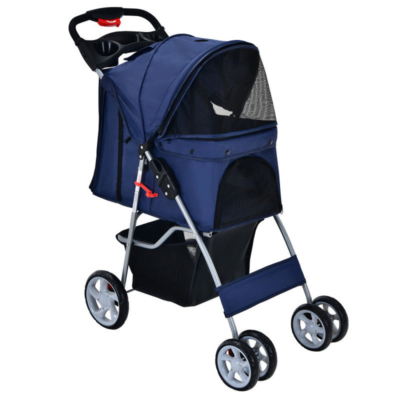 Foldable 4-Wheel Pet Stroller with Storage Basket