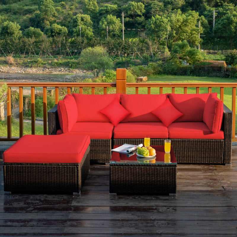 5 Pieces Outdoor Patio Rattan Furniture Set Sectional Conversation with Cushions