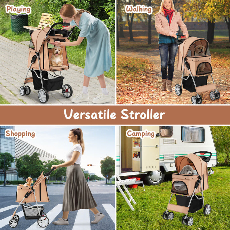 Foldable 4-Wheel Pet Stroller with Storage Basket