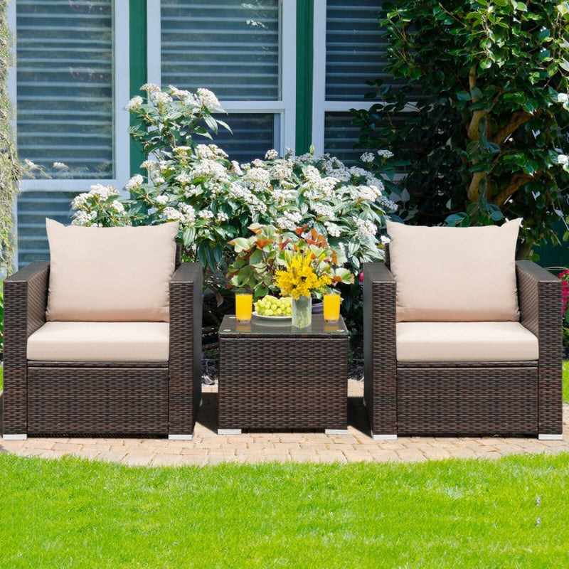 3 Pieces Patio Conversation Rattan Furniture Set with Cushion