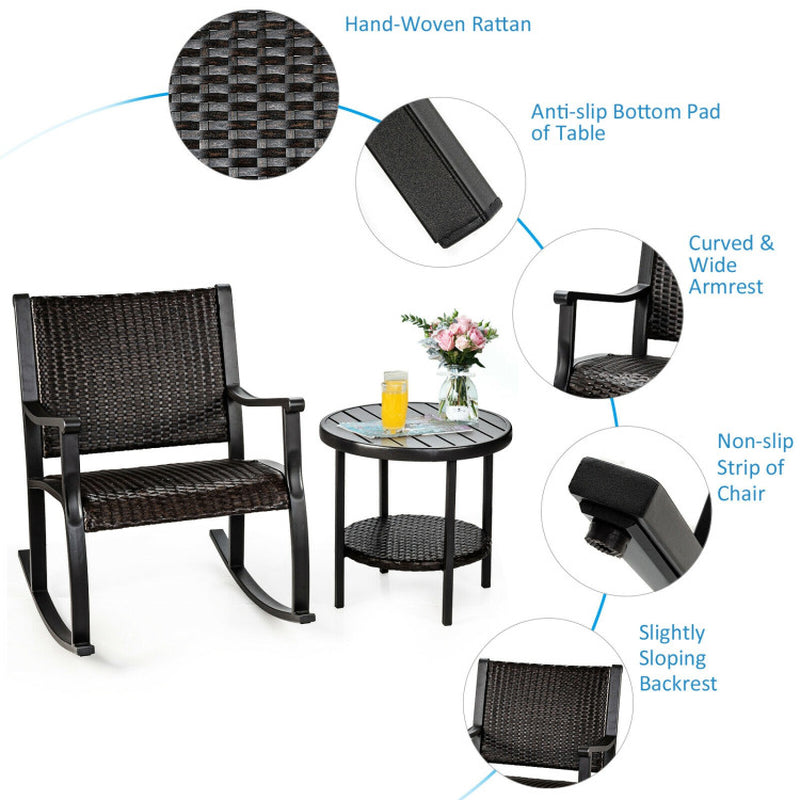 3 Pieces Patio Rattan Furniture Set with Coffee Table and Rocking Chairs