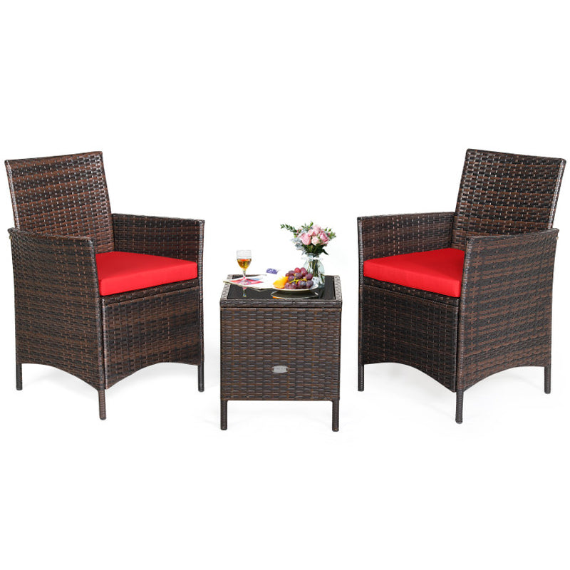 3 Pieces Patio Cushioned Rattan Converstaion Set with Glass Table Top