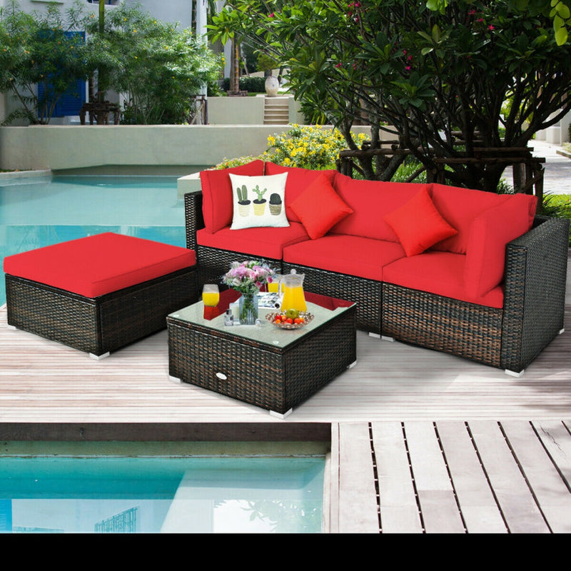 5 Pieces Outdoor Patio Rattan Furniture Set Sectional Conversation with Cushions