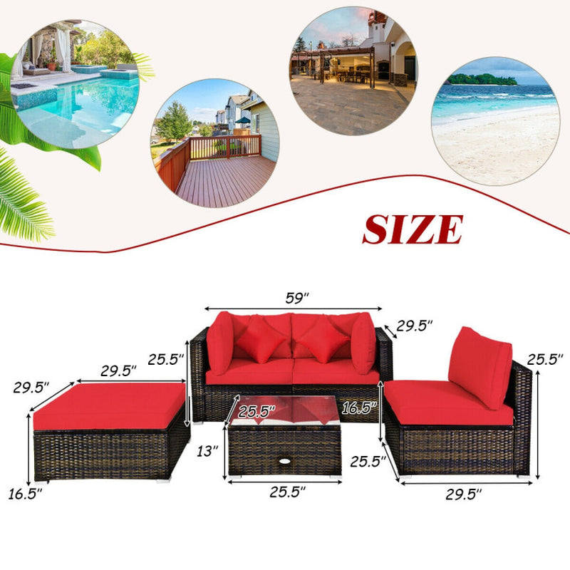 5 Pieces Outdoor Patio Rattan Furniture Set Sectional Conversation with Cushions