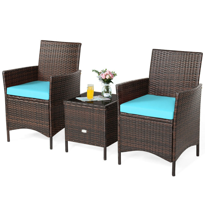 3 Pieces Patio Cushioned Rattan Converstaion Set with Glass Table Top