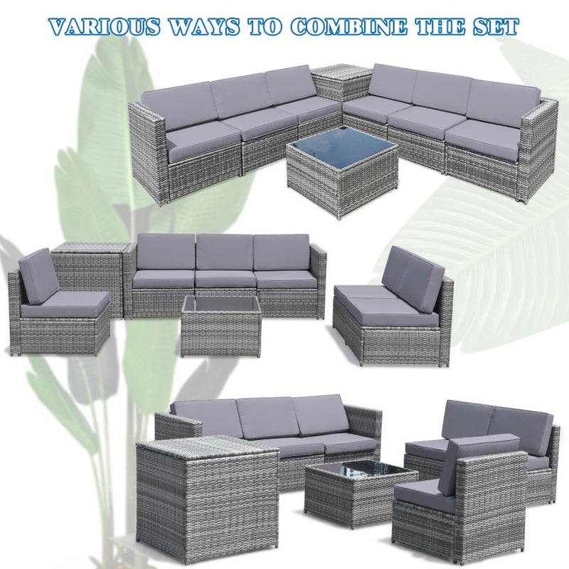 8 Pieces Wicker Sofa Rattan Dining Set Patio Furniture with Storage Table