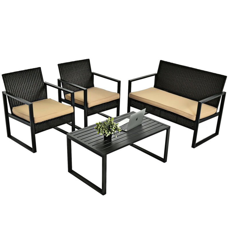 4 Pieces Patio Rattan Furniture Set with Seat Cushions and Coffee Table