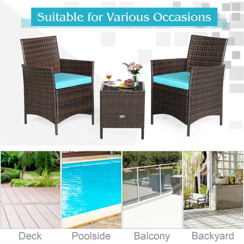 3 Pieces Patio Cushioned Rattan Converstaion Set with Glass Table Top