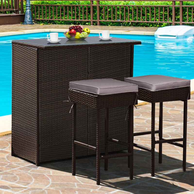 3 Pieces Outdoor Rattan Wicker Bar Set with 2 Cushions Stools