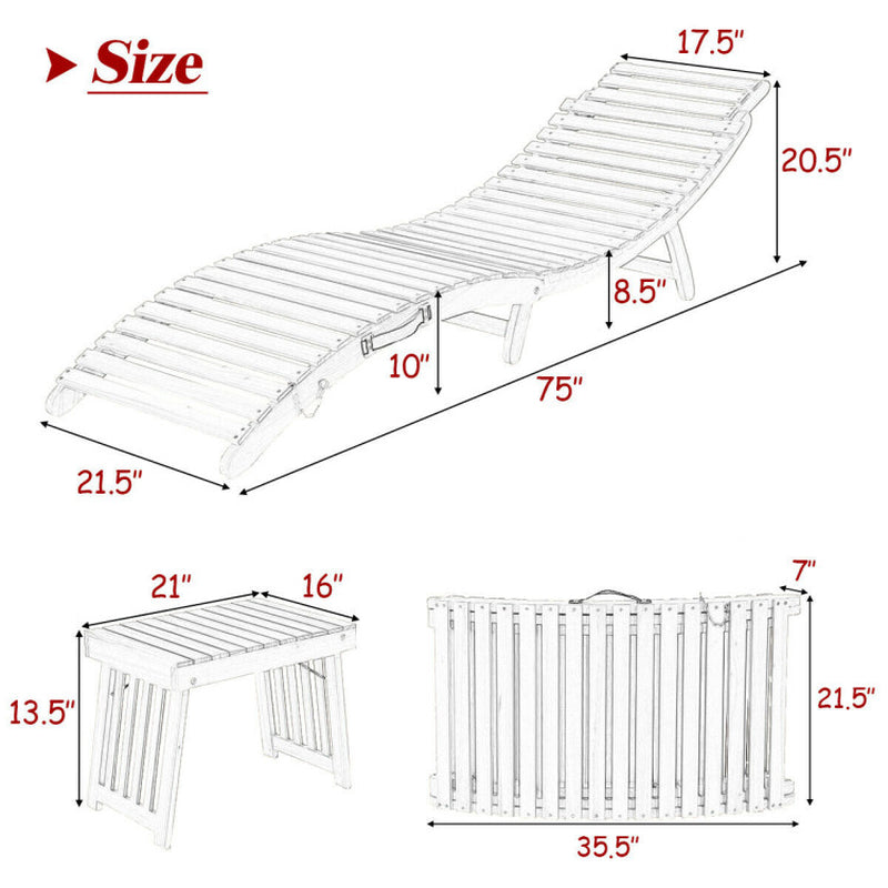 3 Pieces Folding Patio Eucalyptus Wood Lounge Chair Set with Foldable Side Table