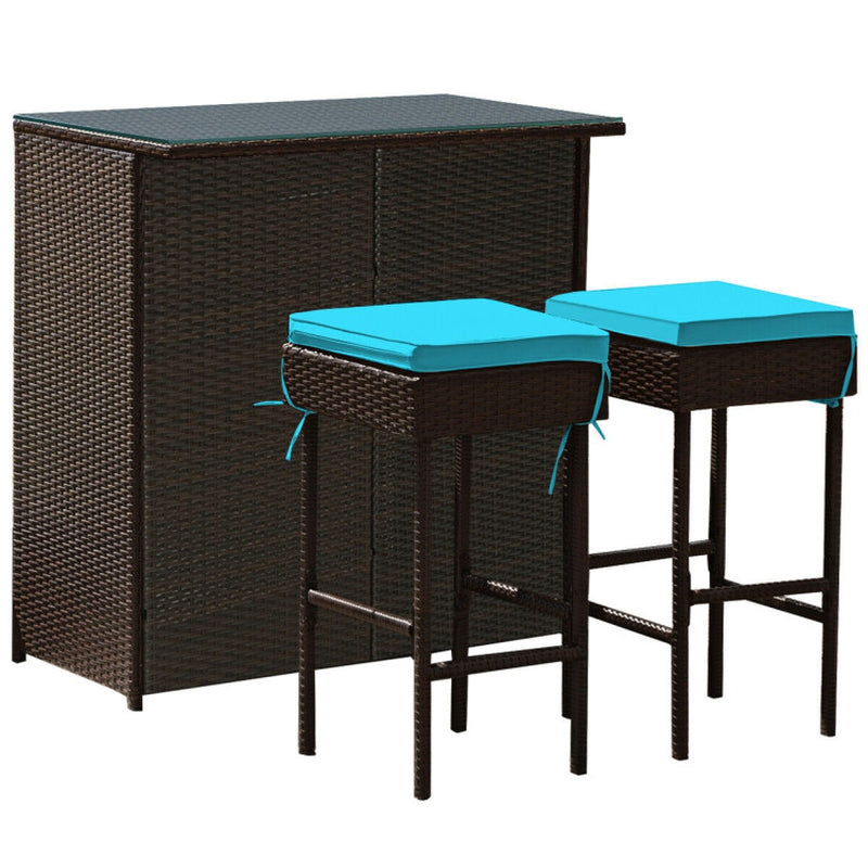 3 Pieces Outdoor Rattan Wicker Bar Set with 2 Cushions Stools