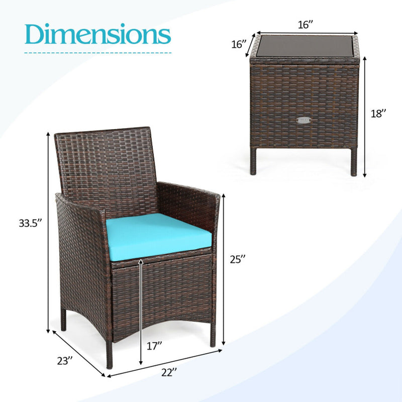 3 Pieces Patio Cushioned Rattan Converstaion Set with Glass Table Top
