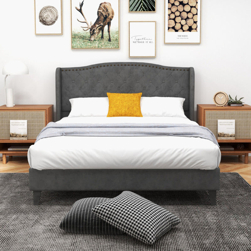 Full/Queen Size Upholstered Platform Bed Frame with Button Tufted Headboard