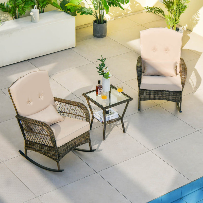 3 Pieces Outdoor Hand-Woven PE Rattan Conversation Set with Tempered Glass Side Table