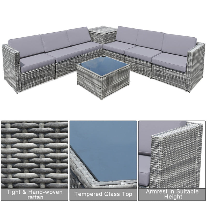 8 Pieces Wicker Sofa Rattan Dining Set Patio Furniture with Storage Table