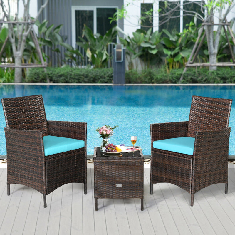 3 Pieces Patio Cushioned Rattan Converstaion Set with Glass Table Top
