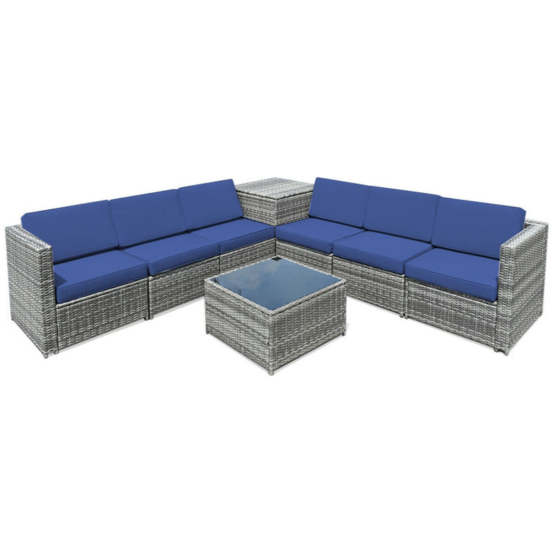 8 Pieces Wicker Sofa Rattan Dining Set Patio Furniture with Storage Table