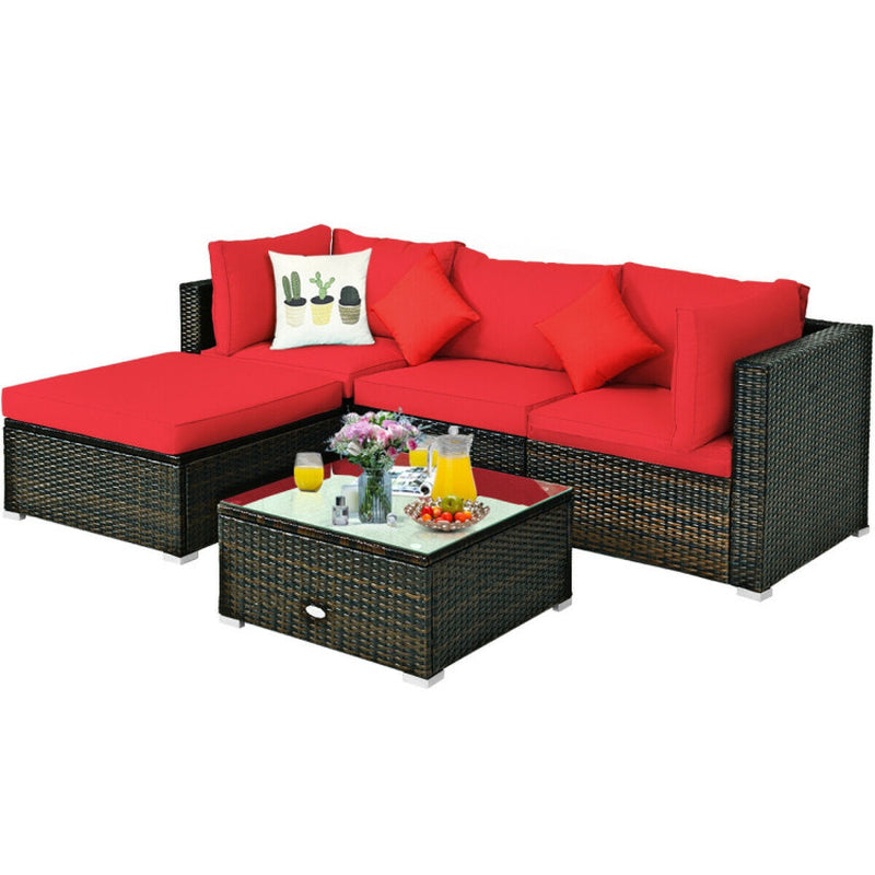 5 Pieces Outdoor Patio Rattan Furniture Set Sectional Conversation with Cushions