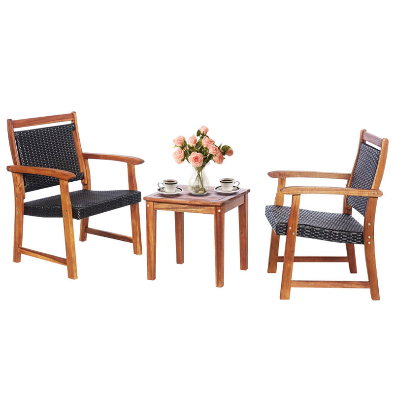 3 Pieces Rattan Bistro Set with Acacia Wood Frame for Garden