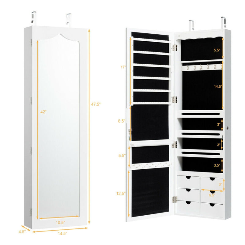 Lockable Wall Mounted Mirror Jewelry Armoire with 5 Leds and 6 Drawers