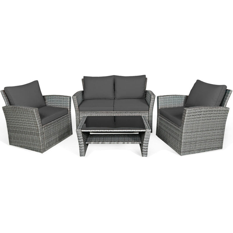 4 Pieces Patio Rattan Furniture Set Sofa Table with Storage Shelf Cushion
