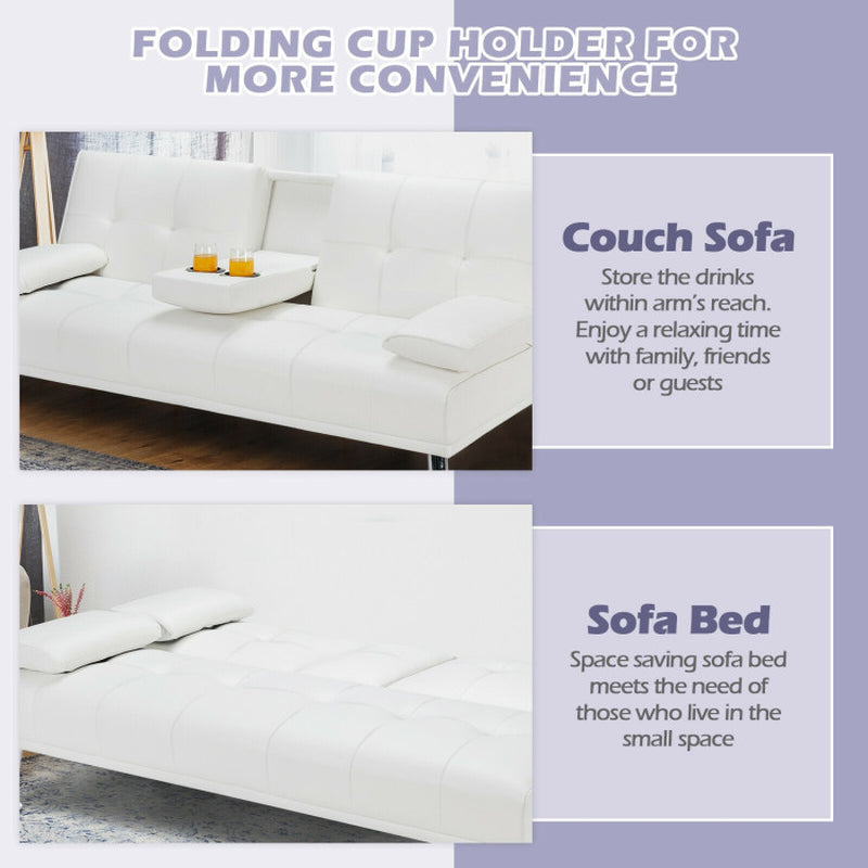 Convertible Folding Leather Futon Sofa with Cup Holders and Armrests