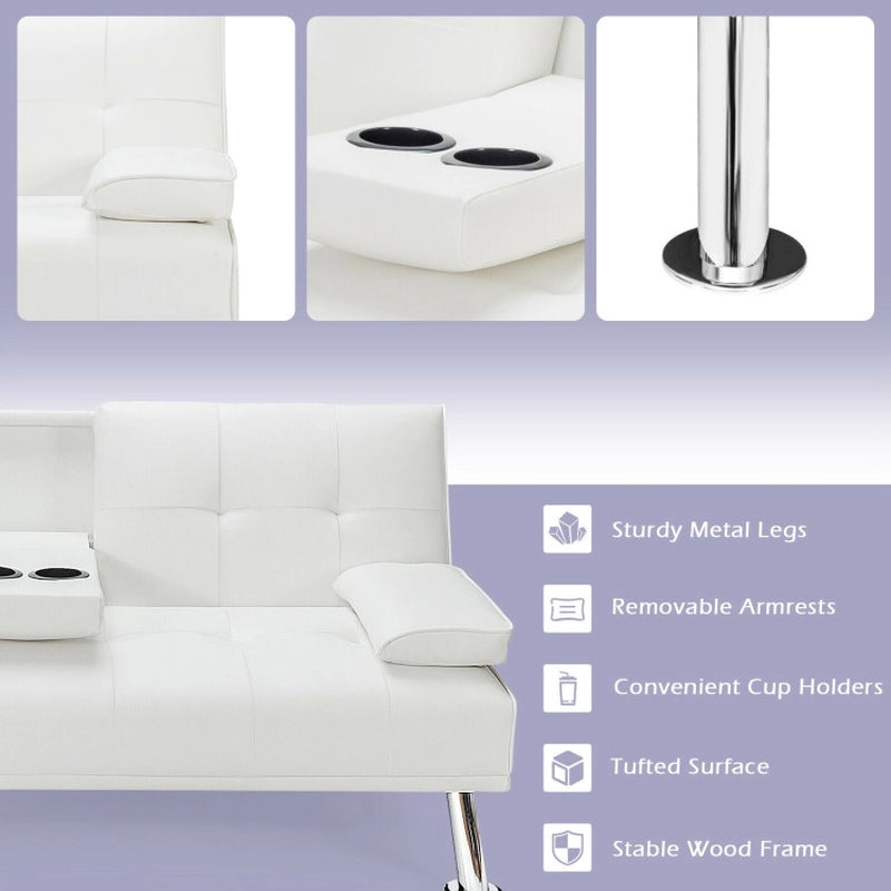 Convertible Folding Leather Futon Sofa with Cup Holders and Armrests