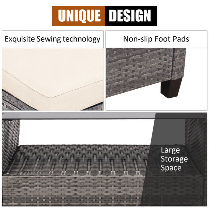 4 Pieces Patio Rattan Furniture Set with Cushion and Table Shelf