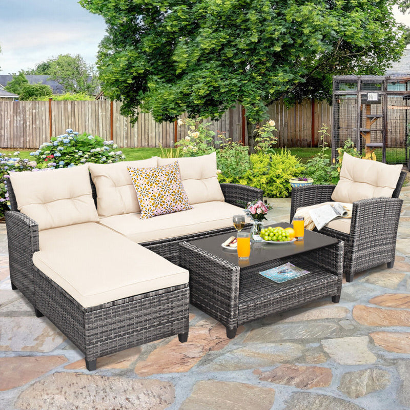 4 Pieces Patio Rattan Furniture Set with Cushion and Table Shelf