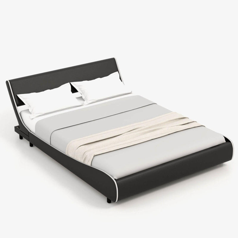 Upholstered Platform Bed Frame Low Profile Faux Leather with Curved Headboard