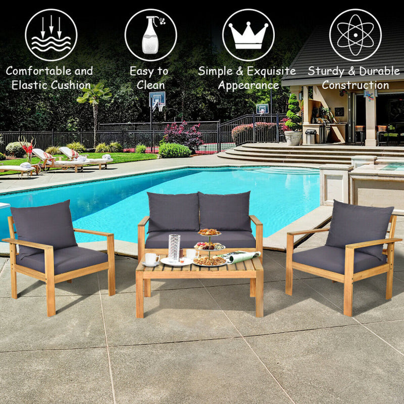 Outdoor 4 Pieces Acacia Wood Chat Set with Water Resistant Cushions