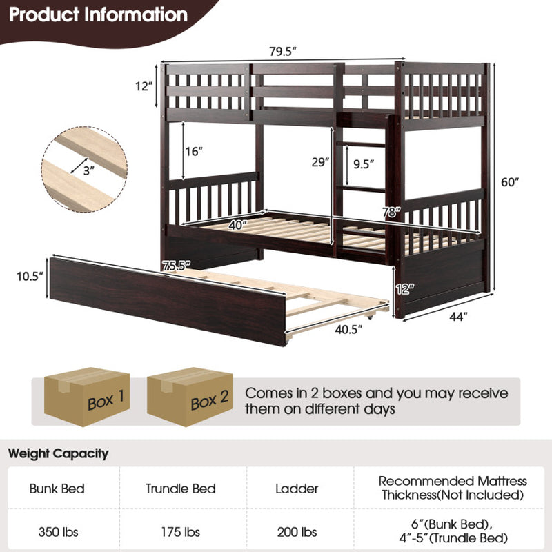 Twin over Twin Bunk Bed with Pull-Out Trundle and Ladder