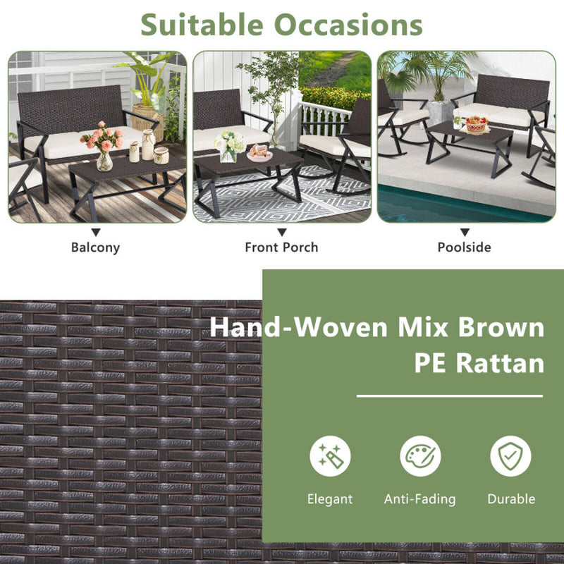 4 Pieces Rattan Patio Rocking Furniture Set with Loveseat and Coffee Table